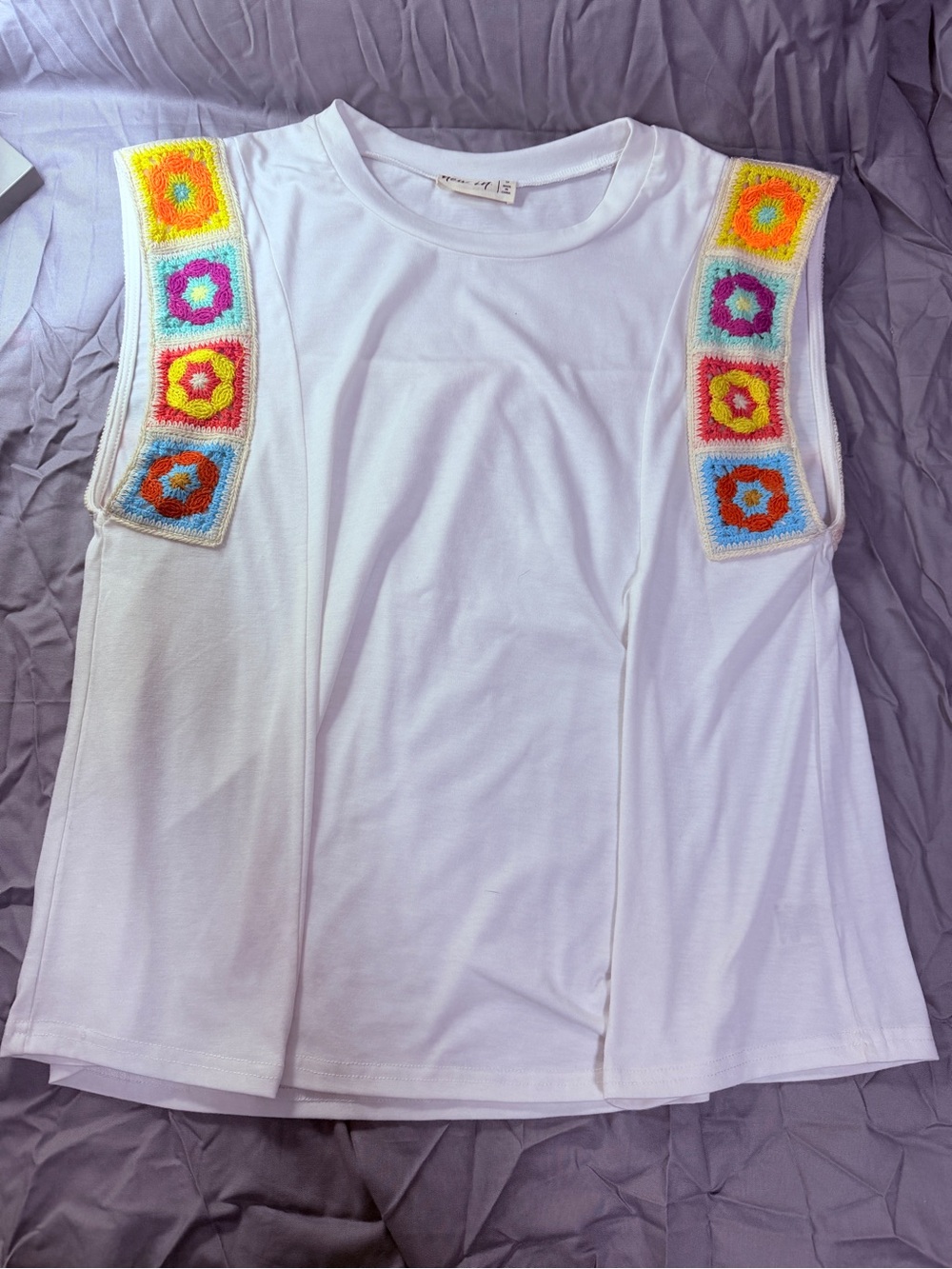 White Short-Sleeve Tee with Colorful Crochet Shoulder Accents